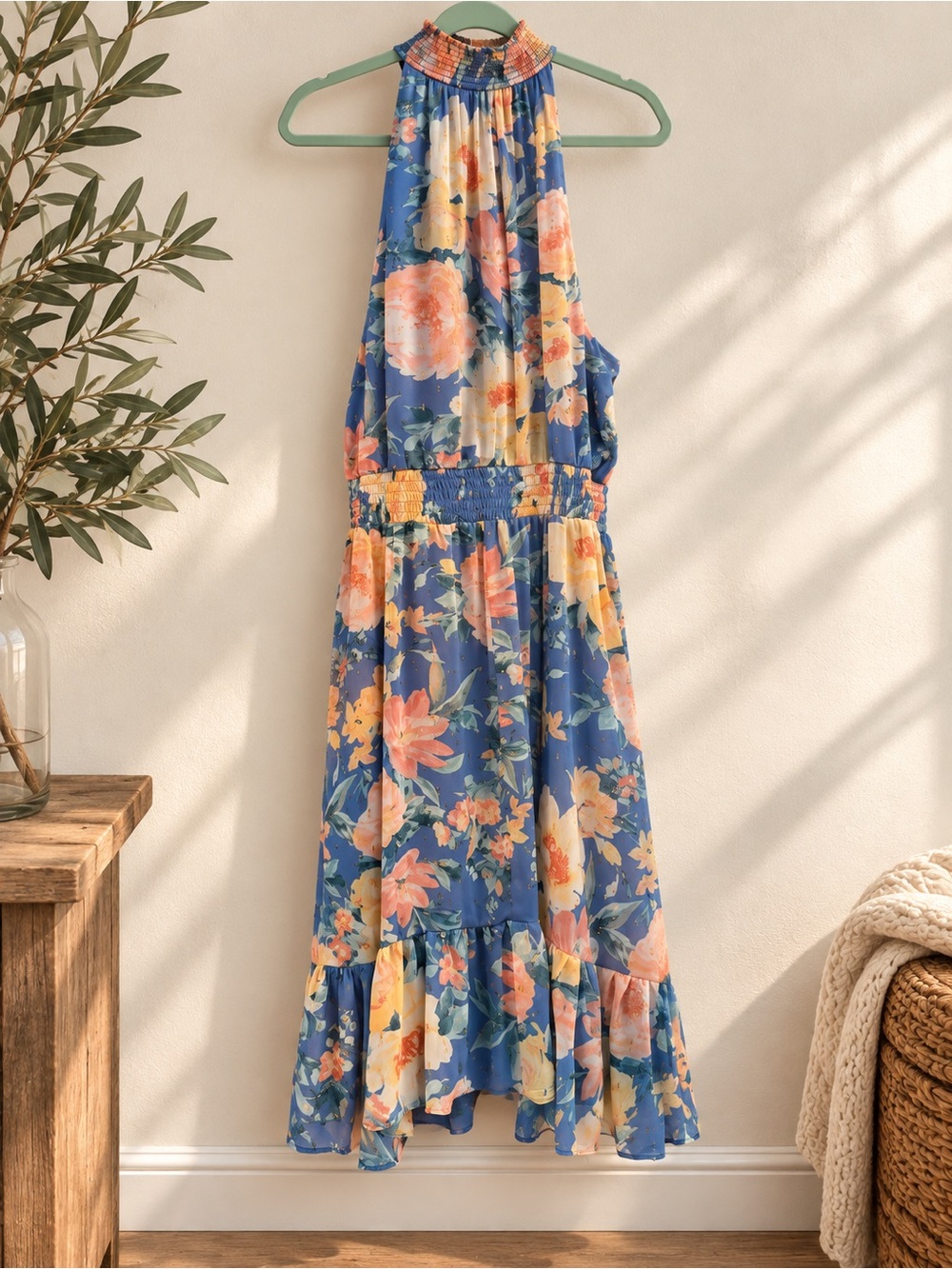 MSK Blue Floral Halter Maxi Dress with Peach Blooms
